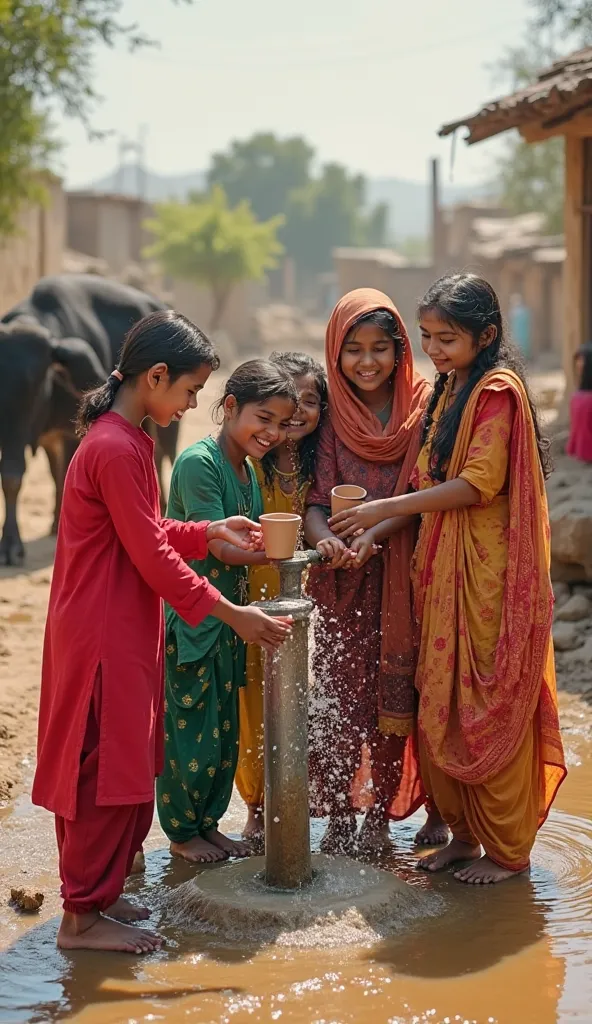 "A group of joyful Pakistani village ren gathered around a traditional hand pump, splashing water and laughing. Some ren fill clay cups, while others play barefoot on the wet ground. Their colorful traditional clothes—red, green, and yellow—shine in the af...