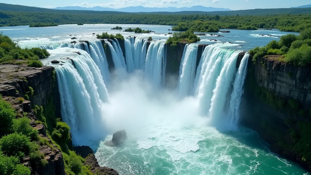 A high powered drone shot taken on Canon EOS R5 F2 ISO30 89mm --ar 9:16 --v 6.0 --s 750 --raw style High-resolution,thermal imaging lens. A breathtaking cascade of water plunges dramatically over rugged cliffs at Victoria Falls in Zimbabwe, creating a spec...