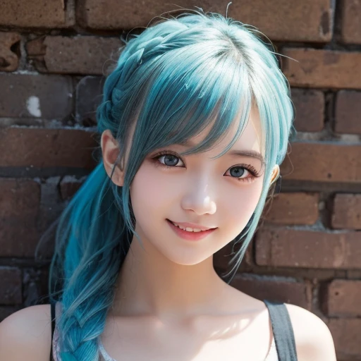 (Masterpiece), ( top quality), ( ultra detail ),( dischevel hair ),( illustration), ( One Girl ), is standing, smile, beautiful eyes in every detail , light blue eyes , detailed beautiful face,  faces , ponytail,, light blue hair, detail hair on the front ...