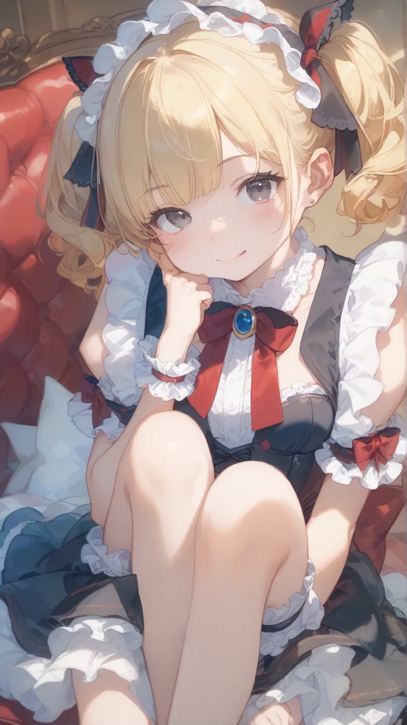 (top quality、masterpiece、Very Detailed、one girl、cute face、 silky short blonde 、(((Short hair in twin tails、)))、gray eyes、From the knee up、gothic lolita fashion、very fine eyes、Small red cheeks and nose、cute face、