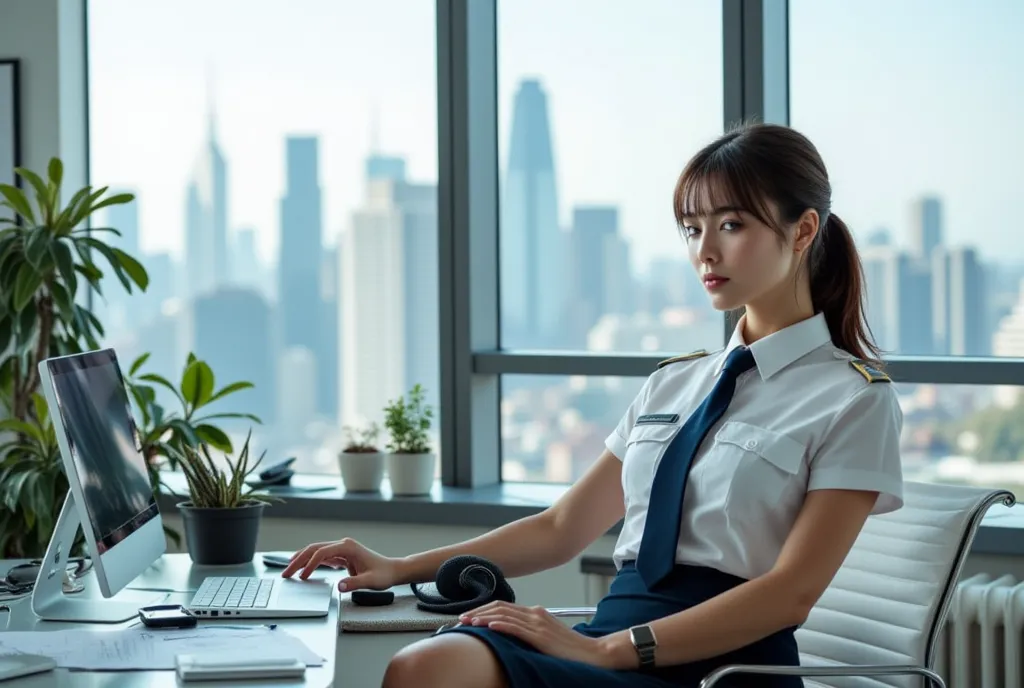 Sexy beautiful woman, a self defense officer uniform, wearing a white short-sleeved shirts, navy blue tie, navy blue pencil skirt, Black patent high heels, beautiful hip-line, Beautiful thighs, a woman assisting a client over the phone, she is sitting, She...