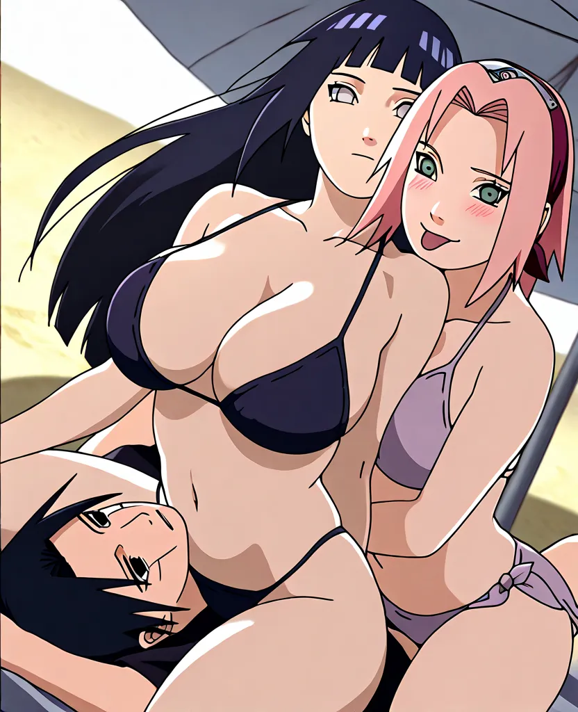 3people, 2girls, 1girl, hyuuga hinata\(naruto\), 1girl, Sakura haruno \(naruto\) ,1boy, black eyes, uchiha itachi (\naruto\), on the beach lying on a beach chair appreciating itachi with a naughty face, sunlight glare, laying/ sitting on top of the boy, un...