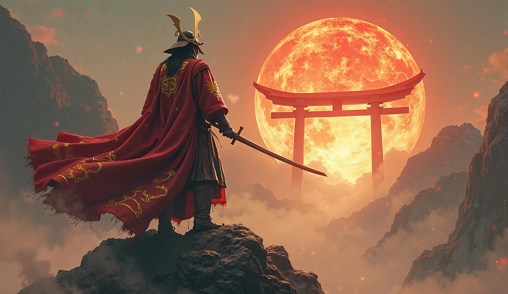 A legendary samurai trader stands atop a mountain of candlestick charts, wielding a katana that glows with RSI and Fibonacci numbers. His cloak has forex symbols stitched in gold. Behind him, a massive Japanese torii gate made of stock charts opens to a gl...