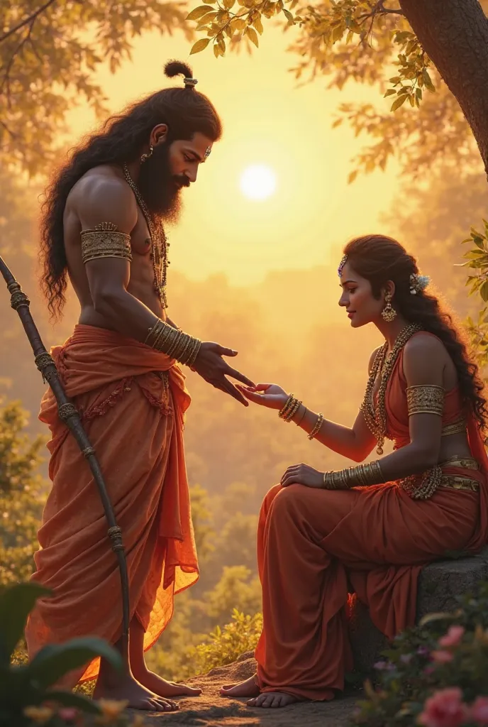 A highly realistic AI-generated artwork of Lord Hanuman touching the feet of Shree Ram with deep devotion. Shree Ram, standing gracefully with a divine aura, looks at Hanuman with love and blessing. Beside Ram stands Lakshman, holding his bow, exuding stre...