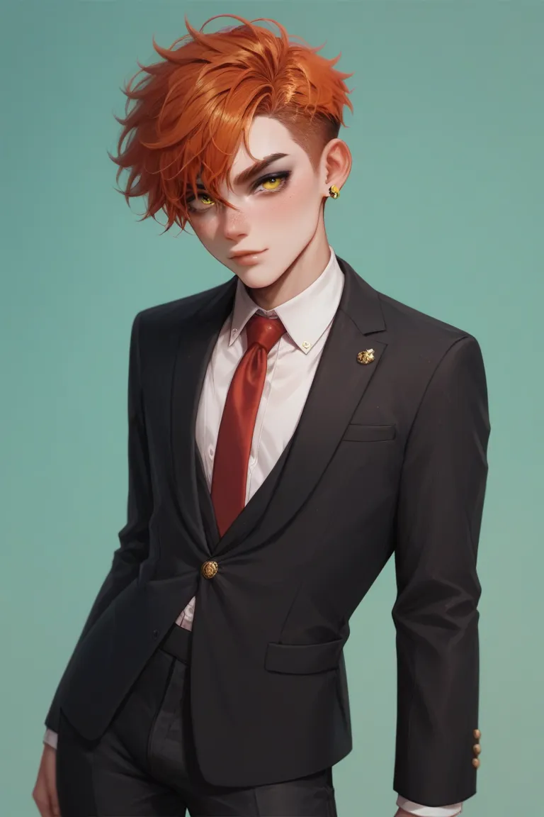 young boy with orange hair very short hair thick hair yellow eyes gold earrings very thin body black eyeliner with black suit and red tie black pants