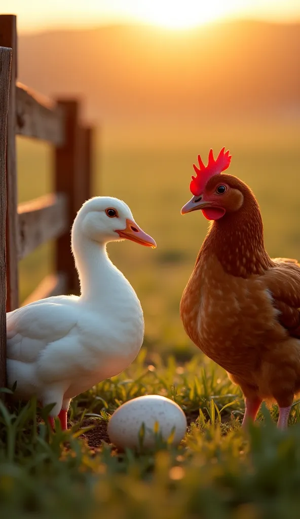 "A realistic cinematic shot of a rural farm at golden hour. A white duck sits comfortably on its egg near a rustic wooden fence, while a brown hen stands nearby, her eyes filled with sadness. The depth of field is shallow, focusing on the hen’s emotional f...