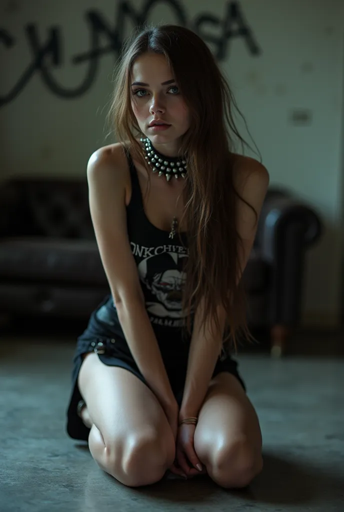 a young woman sitting on the floor, positioned in the center of the frame, with her upper body close to the camera, she is looking directly at the viewer with a neutral expression, her long, straight brown hair cascades down her back, framing her face, the...