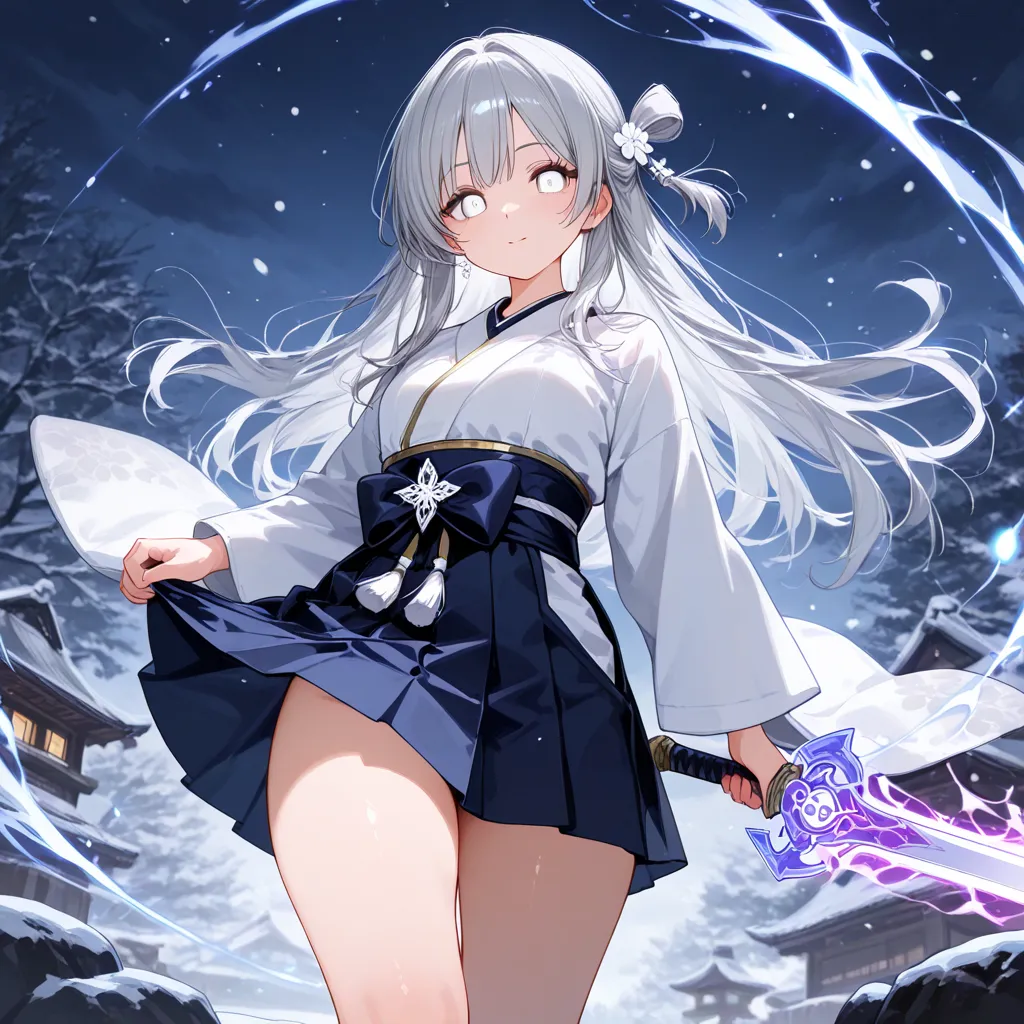 draw Rosadere's Arya　Gray Hair　long hair　White eyes　Smooth thighs　cute　strong　Magic Blade　Japanese clothing　hold a sword　snow