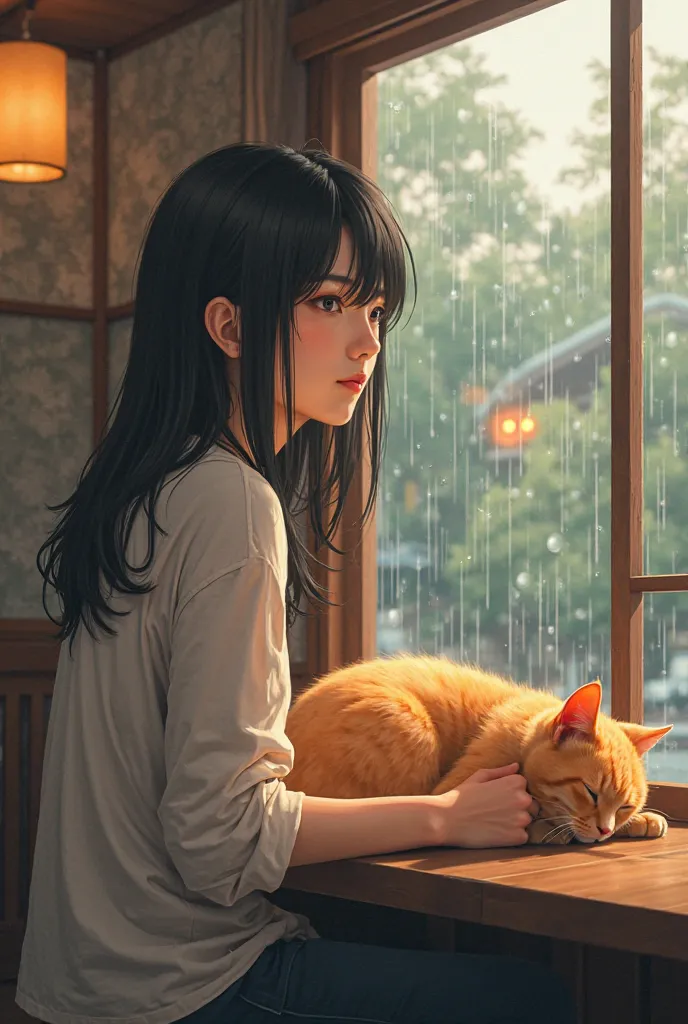 A japanese  in a cafe rainning whether beside a cute orange cat sleeping