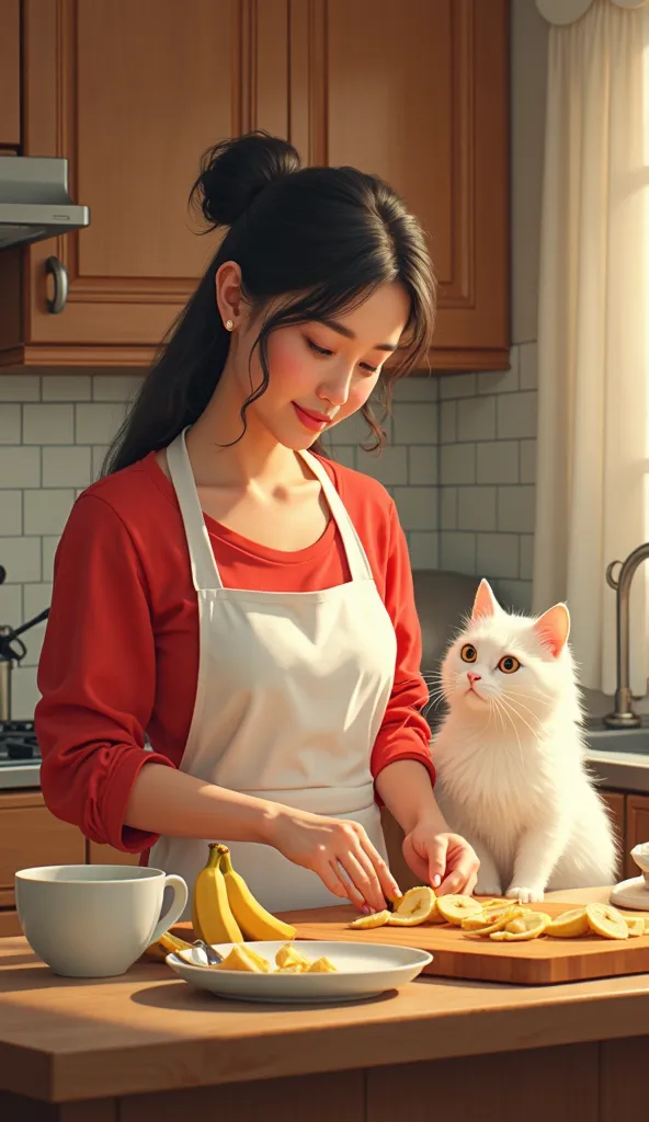 A mother of a white fluffy cat wearing a red coloured dress and wearing an apron is cutting large banana cuttings in her kitchen