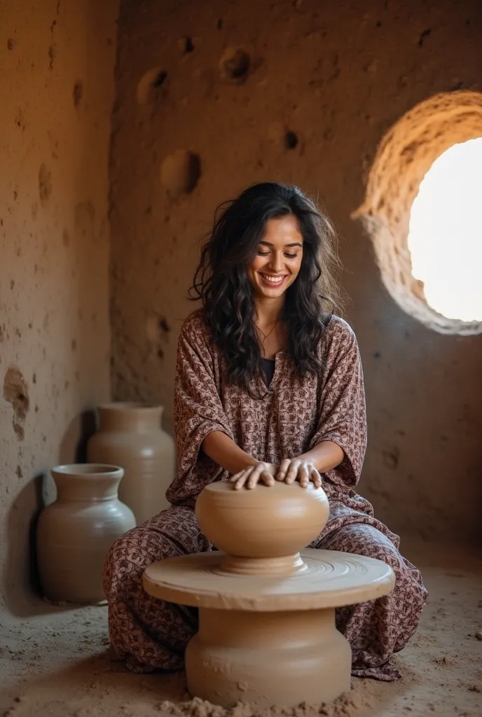 A smiling woman with dark, wavy hair, wearing a traditional patterned dress, sits inside a rustic clay-walled hut. She is engaged in pottery, shaping a large clay pot on a simple spinning wheel with her hands. The room is illuminated by soft natural light ...