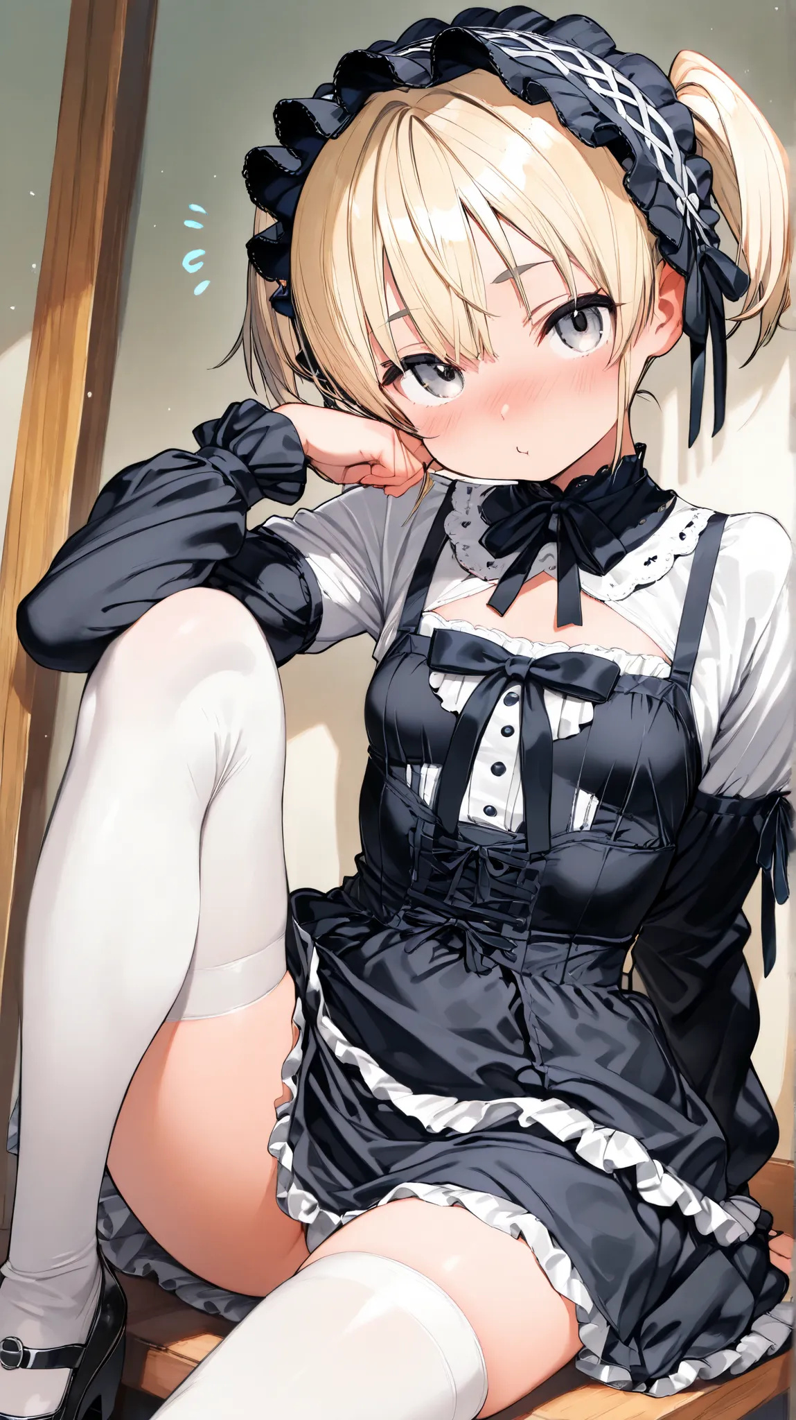 (top quality、masterpiece、Very Detailed、one girl、cute face、 silky short blonde 、(((Short hair in twin tails、)))、gray eyes、From the knee up、gothic lolita fashion、very fine eyes、Small red cheeks and nose、cute face、