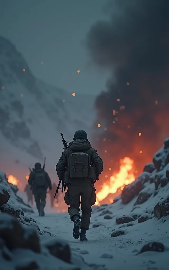 Generate a detailed realistic picture of backshot of a brave Indian army running down a steep mountain in an intense battlefield, in a snowy rocky steep mountain. A few soldiers fighting with enemies, huge burning bunker is in warfare background, with spar...