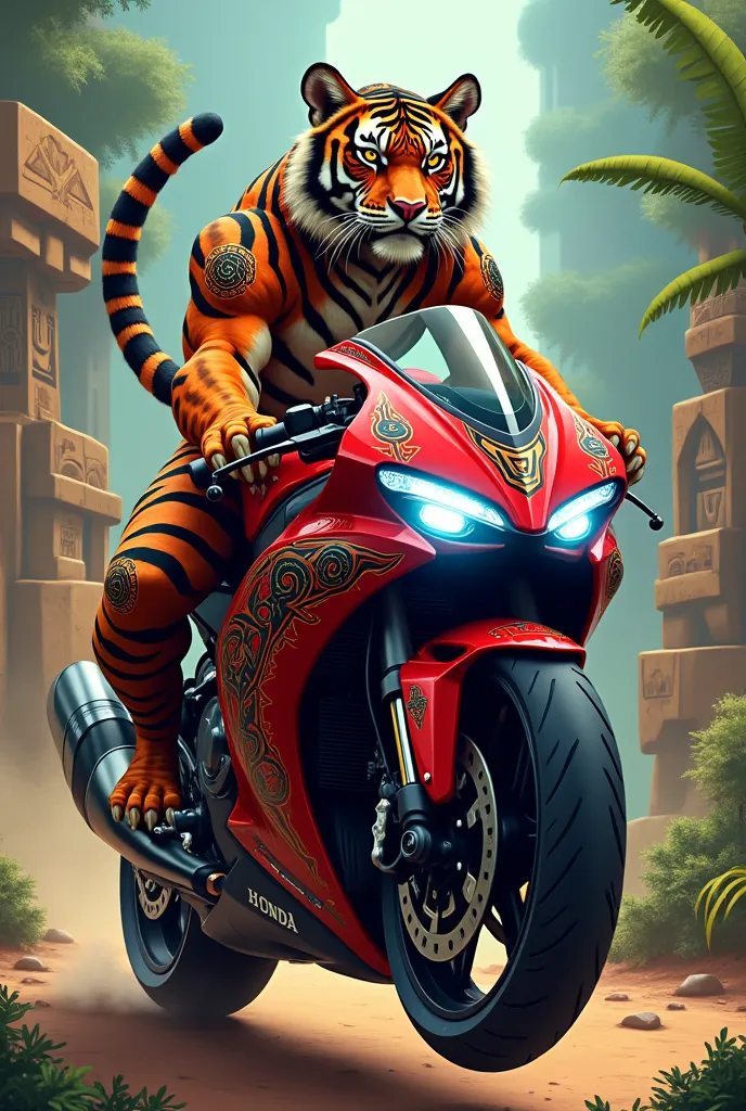 Aztec tiger on a Honda sports bike