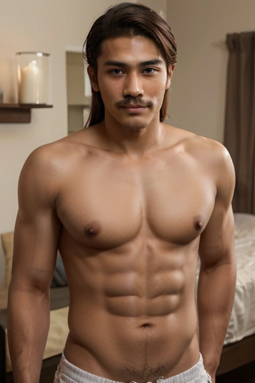 make me a 19 year old coastal young man, with a typical Indonesian handsome face, has the right body for his age, is shirtless has a sexy light brown skin, and very handsome has a very thin moustache of slightly long and manly hair