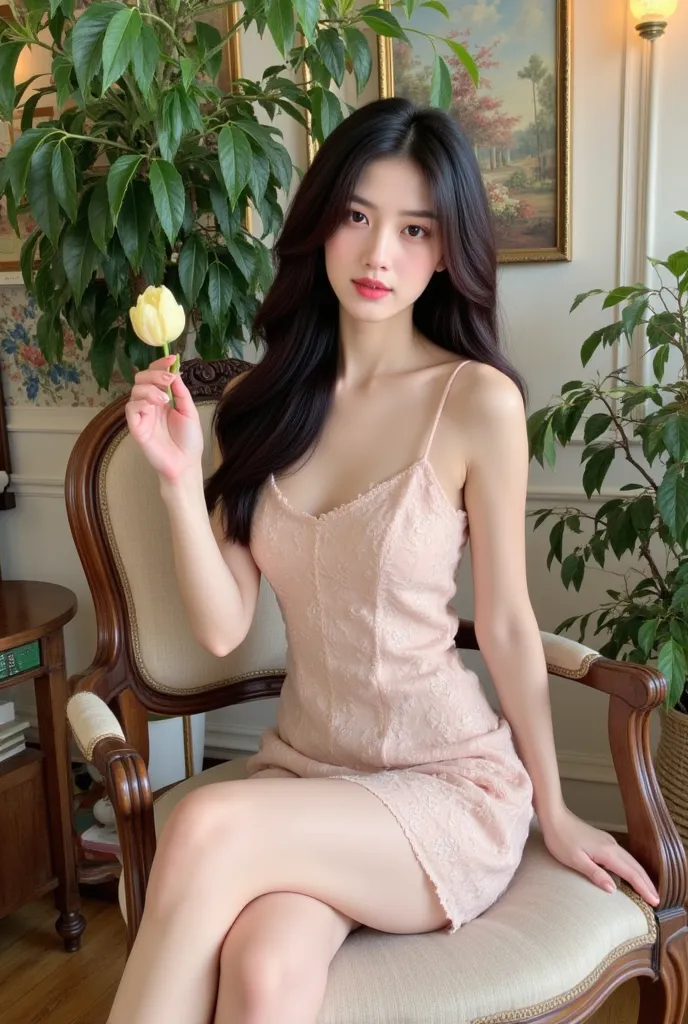 a woman sitting on a chair with elegant style. She wore a light pink lace dress and held a light yellow tulip in her hand. The background has many green trees and wall paintings, creating a gentle, sophisticated space. The exterior and interior have a clas...