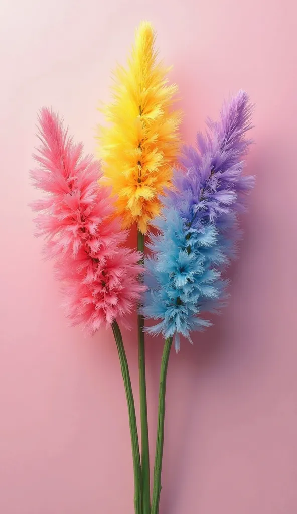 rainbow color mixed Fairy Duster  flowers,pink background,flat lay super detailed art