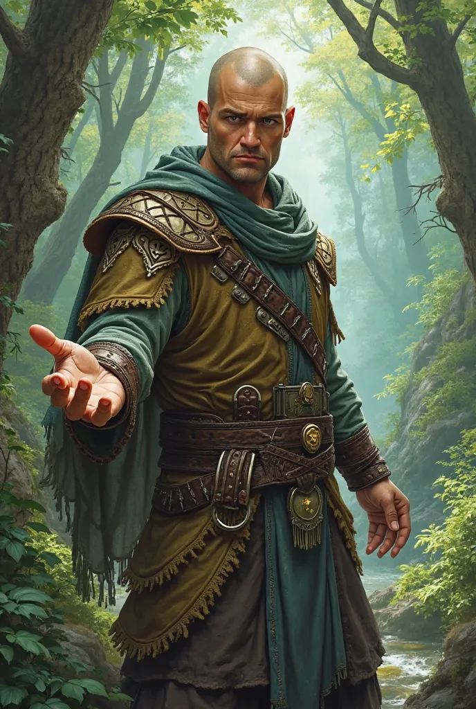 Create a male character that has brown eyes,  shaved hair , RPG-style clothing and nature's manipulative powers