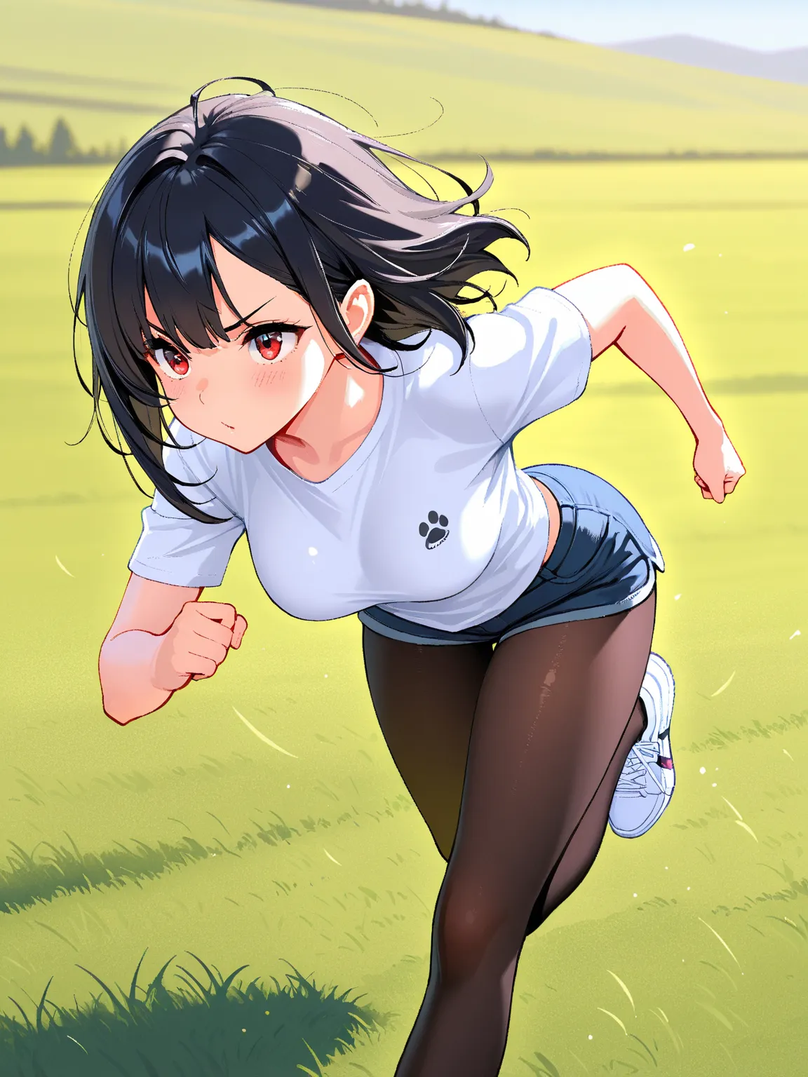 8k,masterpiece, best quality, ultra detailed, high resolution, super fine illustration, extremely detailed CG, 1girl, solo, red eyes, black hair, medium hair, asymmetrical sidelocks, medium breasts, T-shirt, short shorts, pantyhose, sneaker,running, grassl...