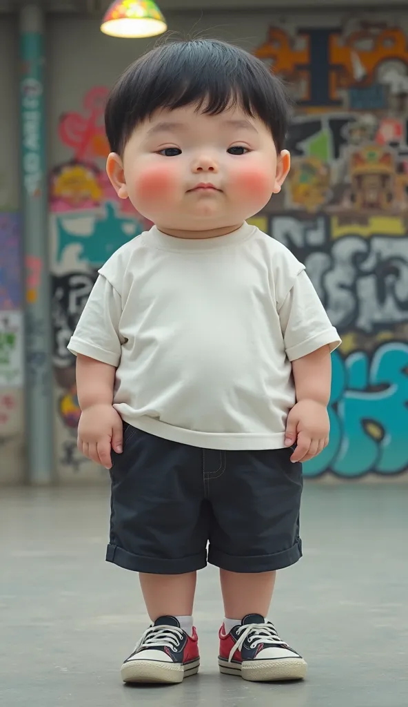 Japanese obese, plump and relaxed elementary school students,  Upright boy ,  full body, wearing a white T-shirt and black shorts. The baby is standing on the smooth concrete floor in the skate park, The background has a colorful lamp and a wall full of gr...