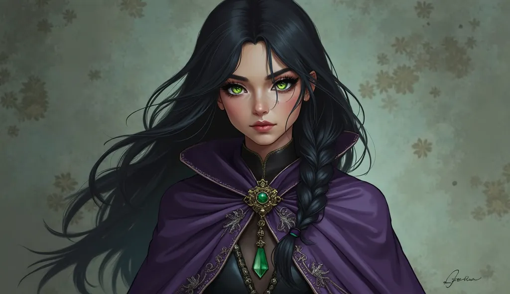 1gurl, piercing emerald-green eyes and raven-black hair, small practical braid on the side, her attire combines practicality and mysticism, featuring a long dark violet cloak adorned with silver embroidery. Beneath the cloak she wears a fitted leather outf...