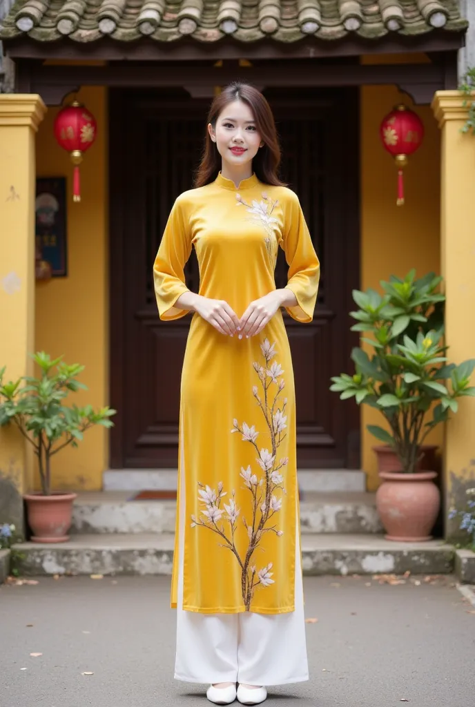 This image depicts a woman wearing a traditional Vietnamese ao dai. The ao dai is bright yellow with delicate floral and branch motifs, paired with white pants. She stands in front of a traditional house with a yellow background, an old tiled roof, and sur...