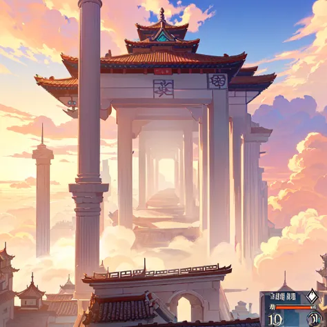 Closeup of a screenshot of a city with columns, Dueler style,  from the turquoise line video game , Cyberpunk Chinese Fort,  Sky Bridge , Cloud Palace, 电子game screenshot>, video game  Genshin impact, keqing from  Genshin impact,  Genshin, cloudpunk, game s...