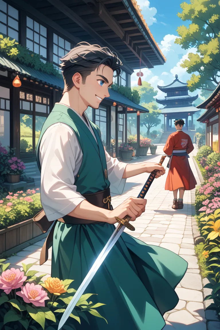 20 years old, Japanese male, long black hair, blue eyes, good looks, calm and collected, intelligent, good student, smiling, assertive, earnest, 8-head body proportions, light-colored medieval European-style clothing, practicing sword swinging, Japanese ga...