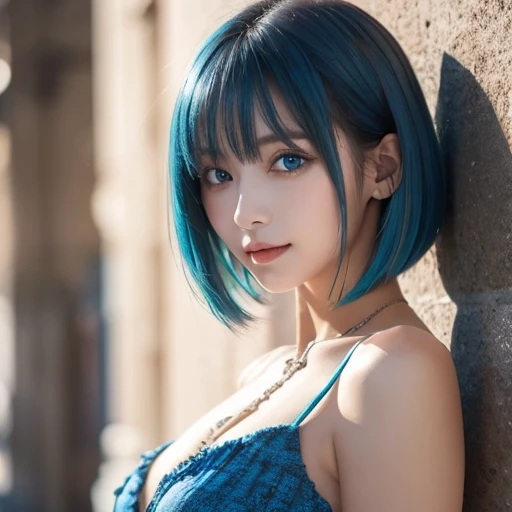 Short Hair Girl, blue hair, blue eyes, Blue matching , confident