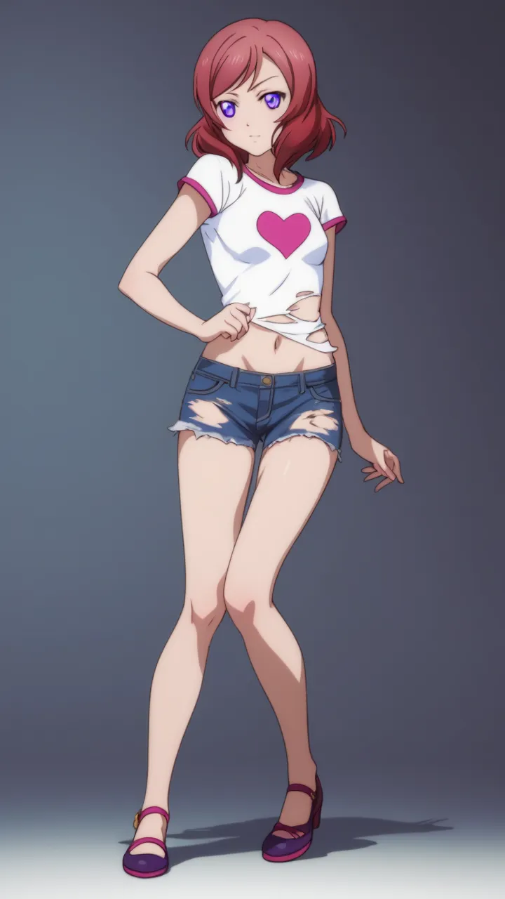  a girl, high resolution, small breasts, purple eyes shirt, short hair,  red hair, Maki Nishikino, full body, ripped clotes, sexy pose