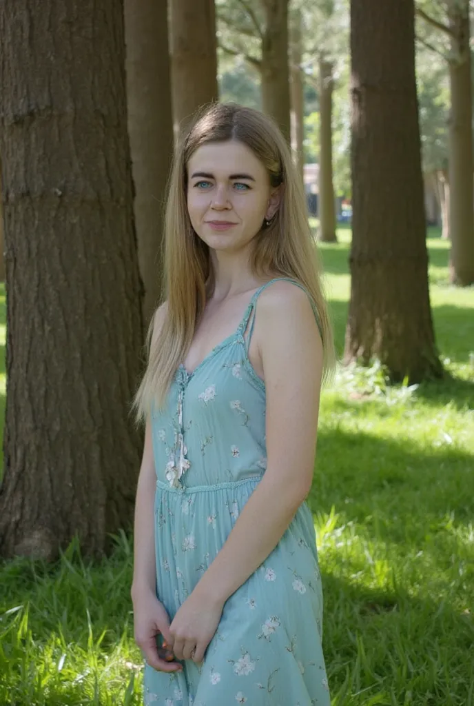 A young woman in her 30s with blue eyes and long, wavy hair. Her hair falls down her back. She stands in a sunlit forest clearing. The soft, diffused sunlight bathes her in a soft, warm glow. She is wearing a light, muted blue, sleeveless midi dress with s...