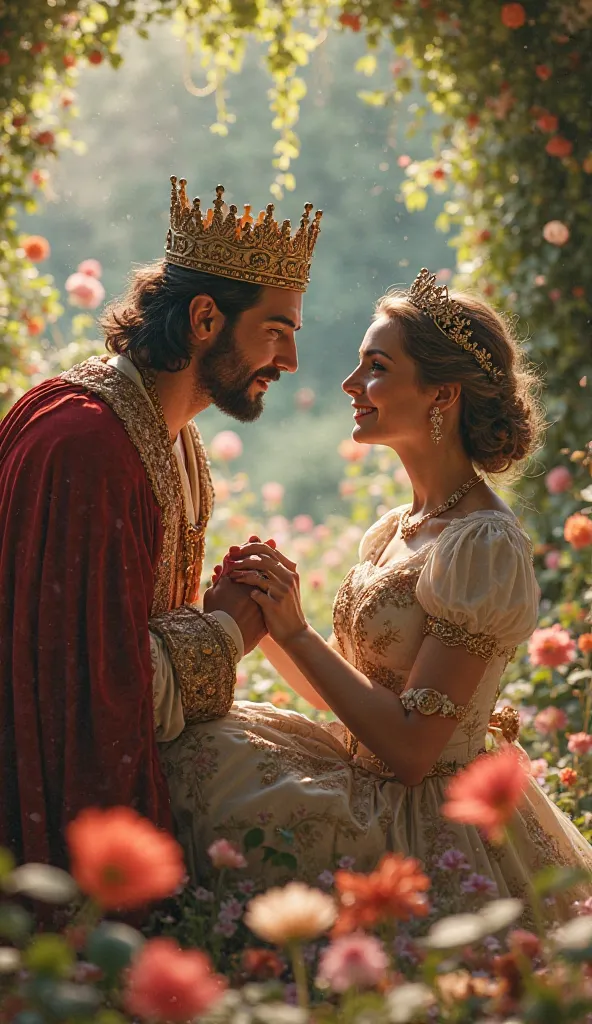 The king kneeling, holding the queen's hand, true love shining in his eyes, in a beautiful garden full of blooming flowers. The queen's eyes show happiness and slight surprise.