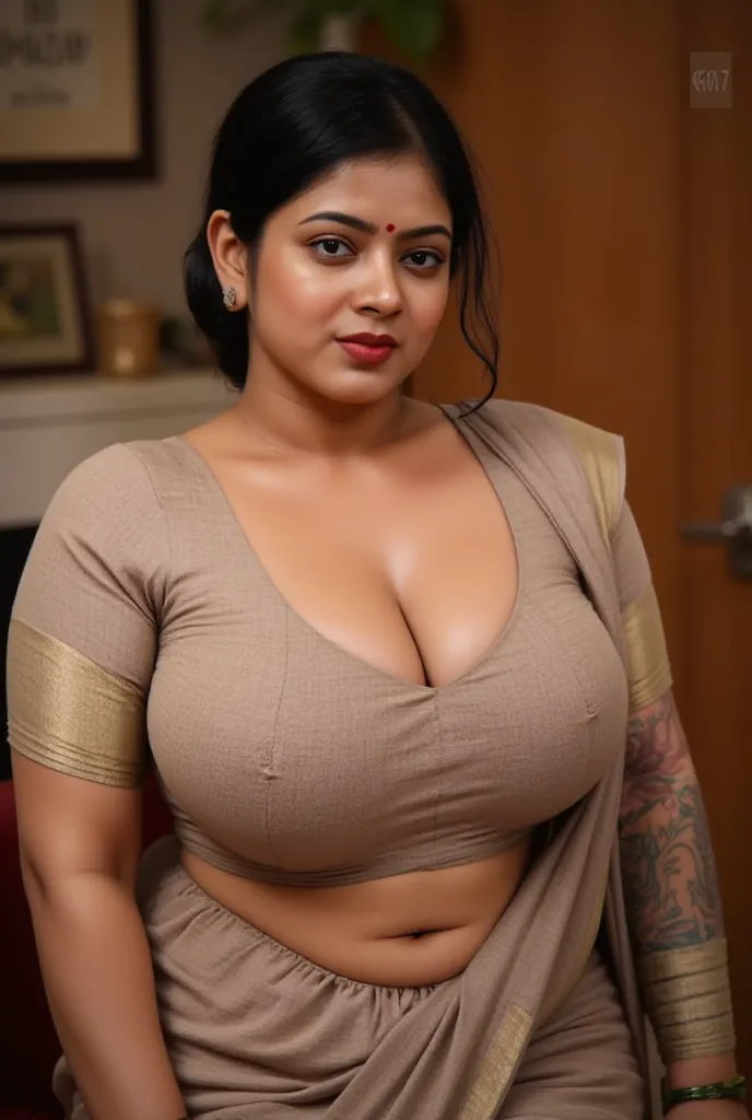 40 year old fat chubby milf indian mother, with huge heavy breast, wearing a saree, cleavage show, downblouse, full body view