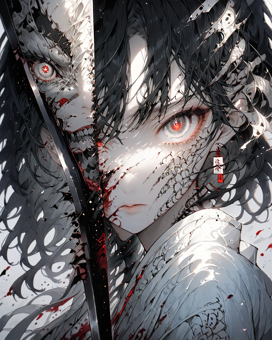   Black and white  ，  absolutely beautiful woman, wavy long black hair，Bust，  Black and white   splitting,   black tears,   cracked skin, Red eyes，  broken  ，sublevel  ，  Black and white  ，her hair is divinely white, at eye level, a bloody longsword on it ...