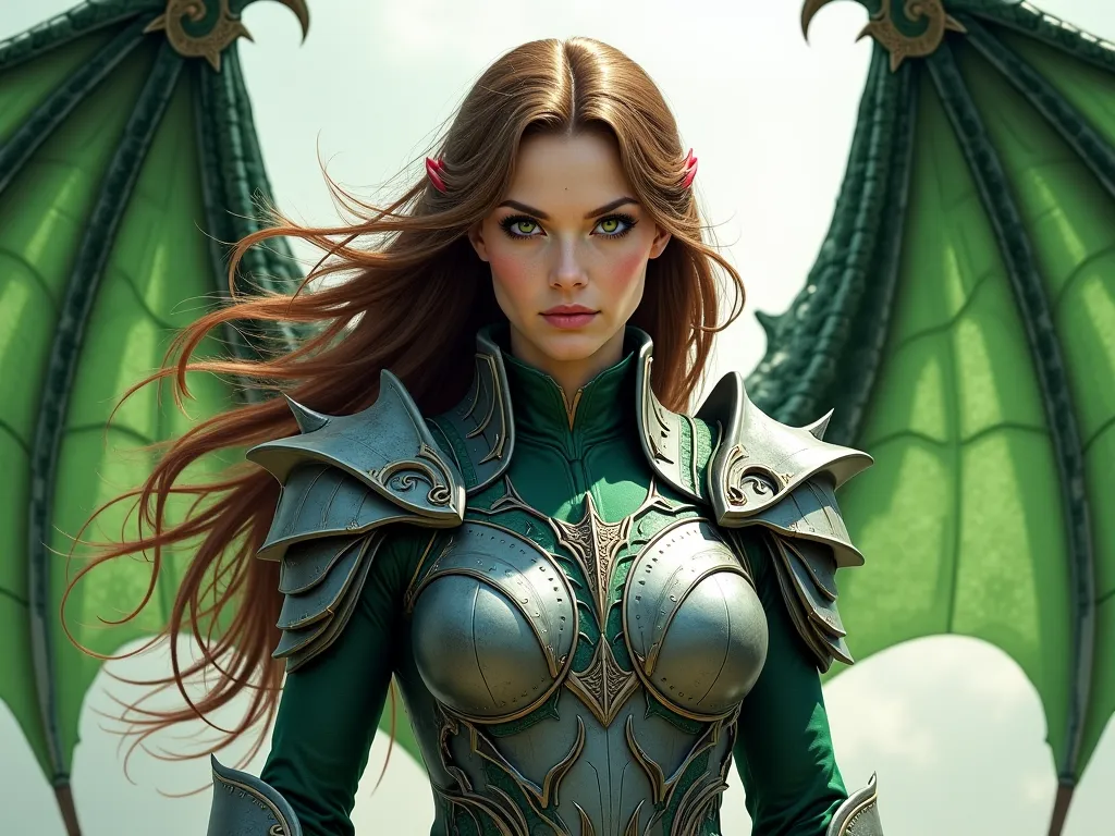 brown haired woman Wears gray armor similar to a dragon knight, has green eyes, and has green dragon wings. 