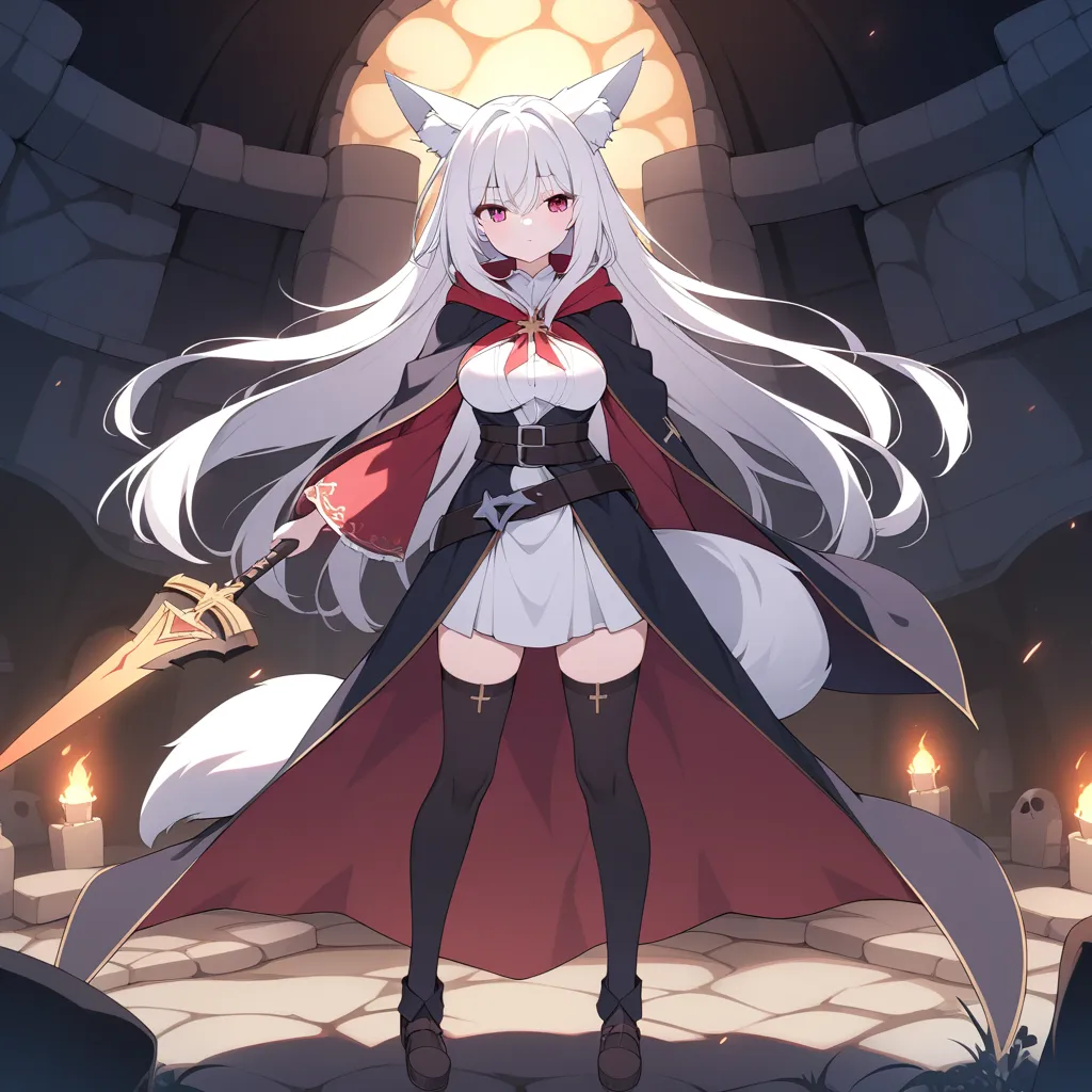 underground. catacombs, graveyard, torches, 1woman, white hair, half-long hair, delicate hair, fox ears, fox tail, scarlet eyes, breasts, omulet-cross, mantle, wizard mantle, necromancer mantle, gentle gaze, belt sword, stockings