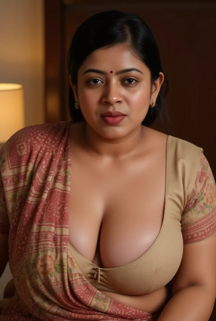 40 year old fat chubby milf indian mother, with huge heavy breast, wearing a saree, cleavage show, downblouse, lying on bed, breast open