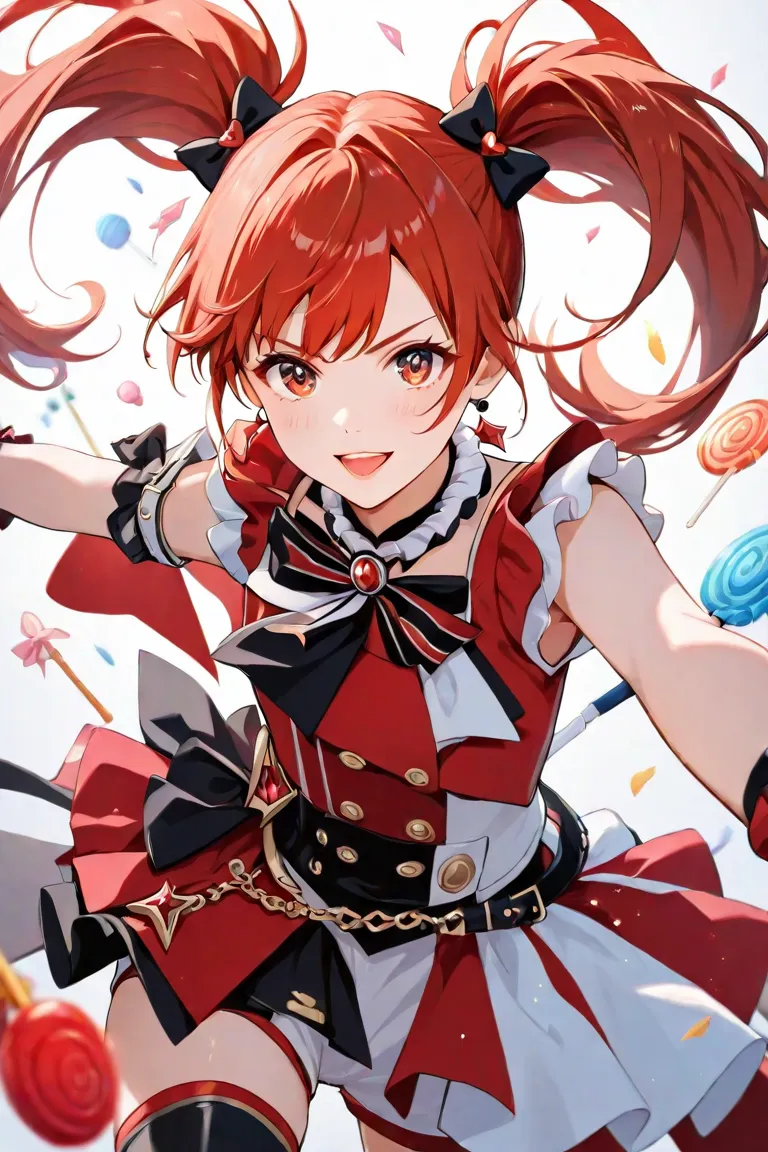  lollipop candies　illustration for both eyes　twin tails　Hair color is red　20th Generation　idol