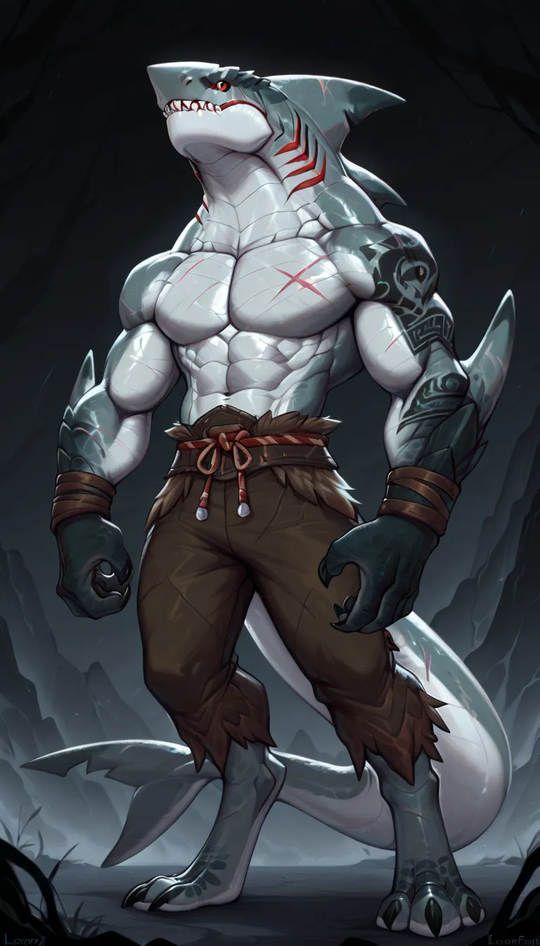 sharkman, anthro megalodon, darker hands and fins, solo, big arms, bara, detailed skin, lizard shark hybrid, anthro, closed mouth, polynesian tattoos, tattoos covering arm and shoulder, detailed scalie skin, detailed scales on body, scalie arms, fins on ar...