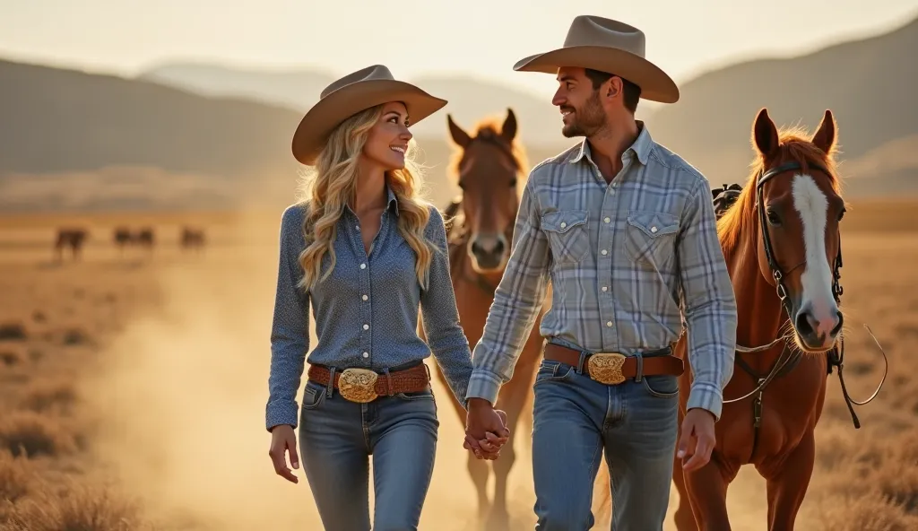 A romantic and picturesque western scene featuring a cowboy and cowgirl walking hand in hand while leading a beautiful chestnut horse. The couple is dressed in classic western attire: both wearing cowboy hats, fitted jeans, and long-sleeved button-up shirt...