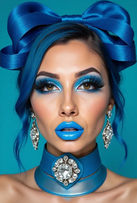 incredibly long and voluminous false eyelashes, bright blue makeup, blue hair , diamond earrings , collar, blue lips, her lips are pursed., bow shaped hair ,