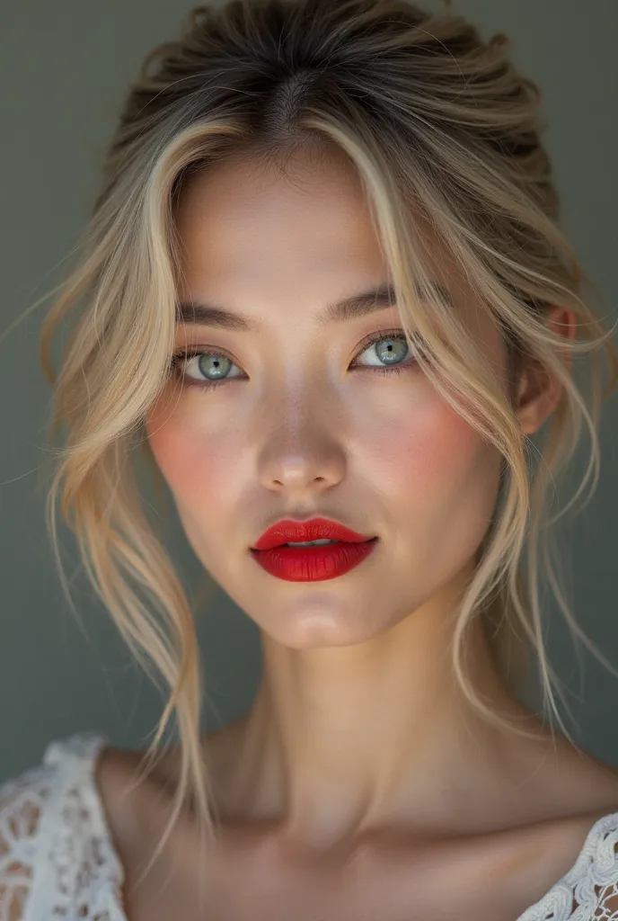 Can you create a woman who has ash-blonde hair, red lips, blue eyes. She’s 26 years old and she’s Chinese-French-American. She has phoenix-shaped eyes. She has a fierce but elegant look. Sharp jawline 