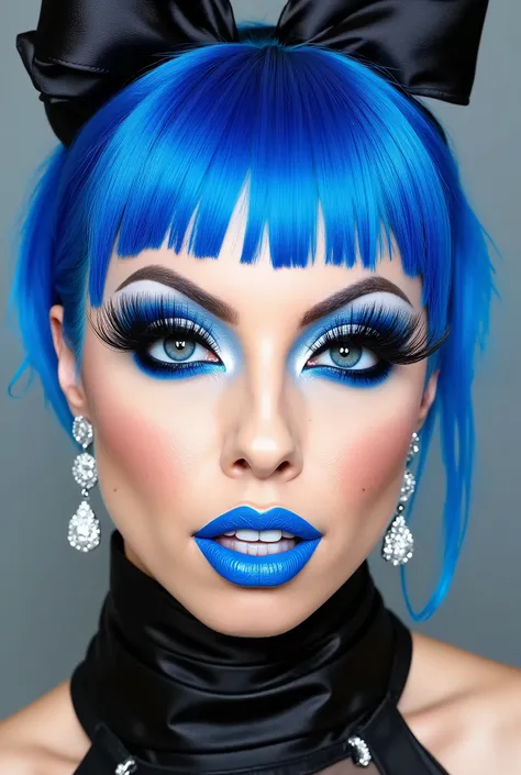 incredibly long and voluminous false eyelashes, bright blue makeup, blue hair , diamond earrings , collar, blue lips, her lips are pursed., bow shaped hair ,