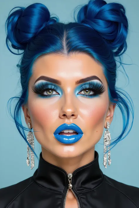 incredibly long and voluminous false eyelashes, bright blue makeup, blue hair , diamond earrings , collar, blue lips, her lips are pursed., bow shaped hair ,