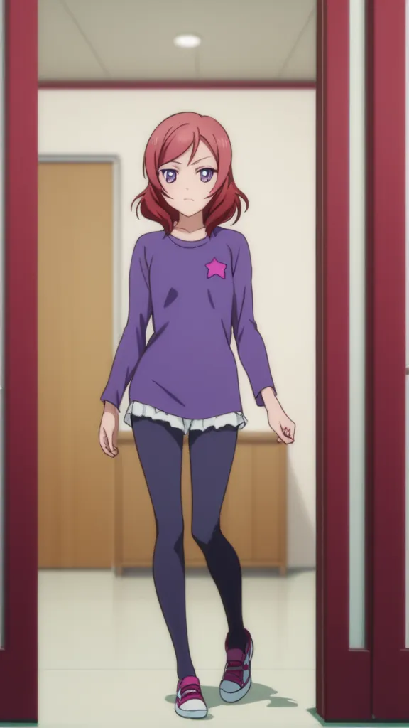  a girl, high resolution, small breasts, purple eyes shirt, short hair,  red hair, Maki Nishikino, full body, 