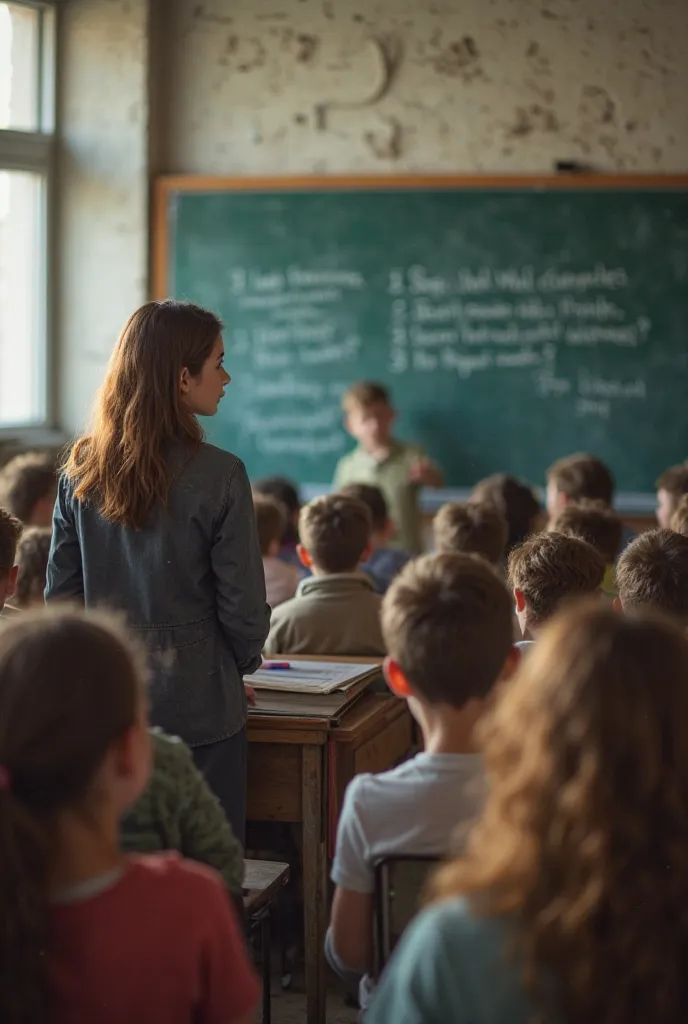 The classroom is filled with curious students, and the teacher stands at the front of the class, writing something on the blackboard. The teacher turns around and asks the class a question. The atmosphere is calm, and everyone is paying attention.