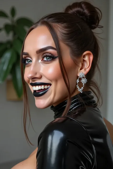 outrageously long and voluminous lash extensions., laughs a lot, Latex suit, diamond ear earrings, black hair, black lips, bright black makeup