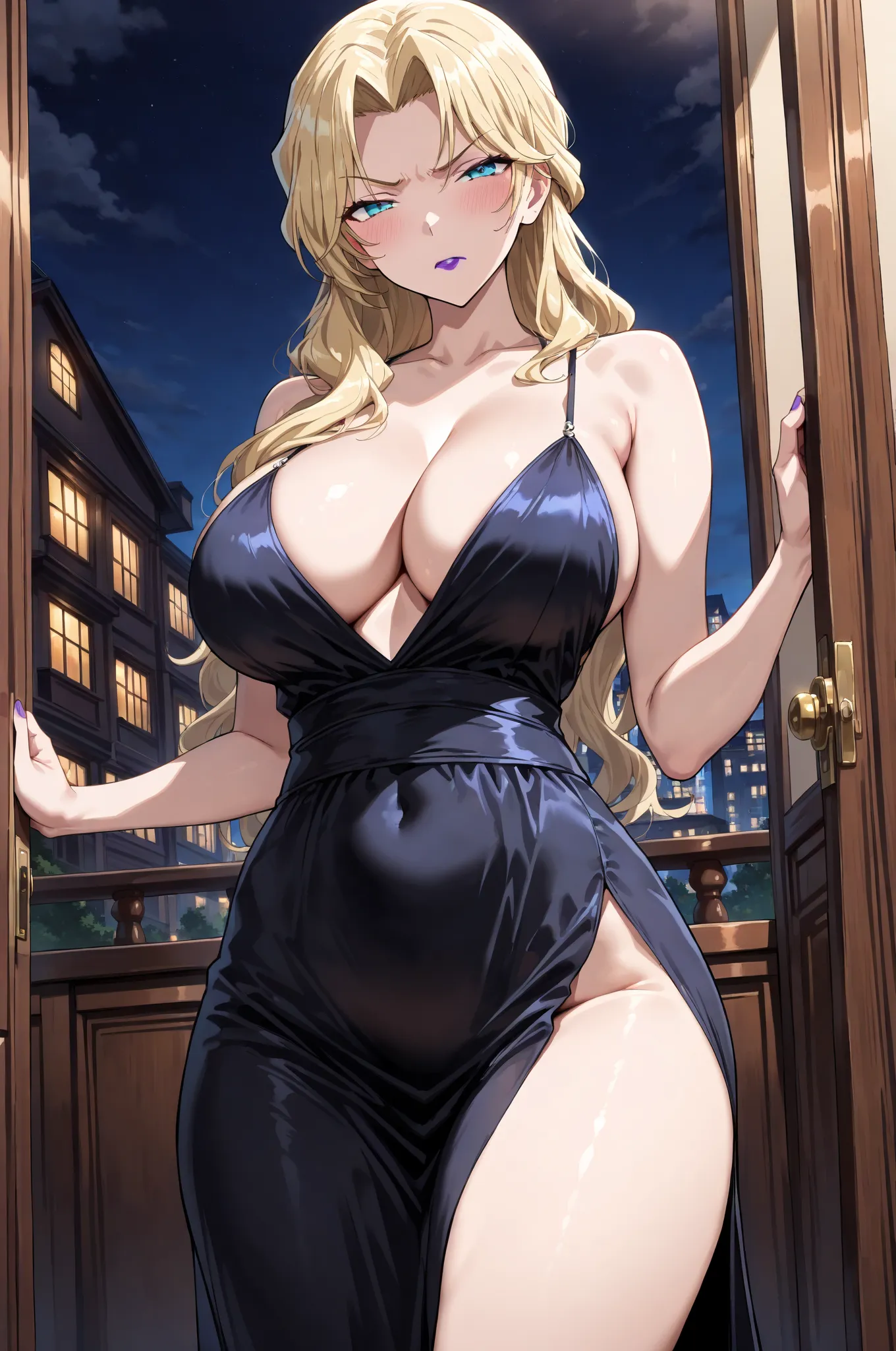 masterpiece,best quality,{{detailed beautiful face and eyes}}, very detailed background,
Vermouth,long hair,blonde hair,parted bangs,light purple lipstick,makeup,half closed eyes,blue eyes,large breasts,
((black evening dress,deep slit,cleavage)),
solo,1ho...