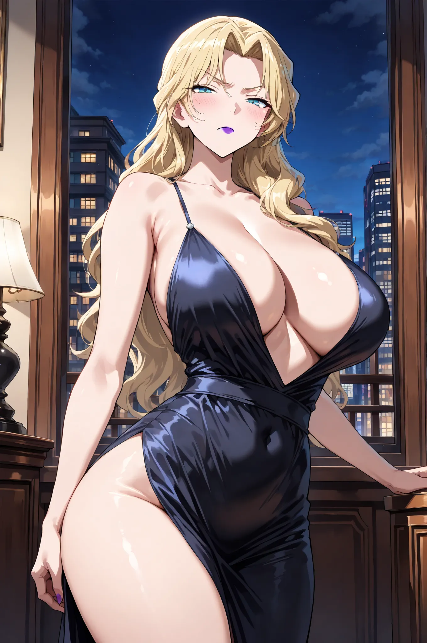 masterpiece,best quality,{{detailed beautiful face and eyes}}, very detailed background,
Vermouth,long hair,blonde hair,parted bangs,light purple lipstick,makeup,half closed eyes,blue eyes,large breasts,
((black evening dress,deep slit,cleavage)),
solo,1ho...