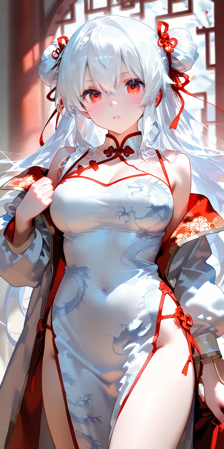 A girl with white hair and red eyes wearing Chinese clothes 